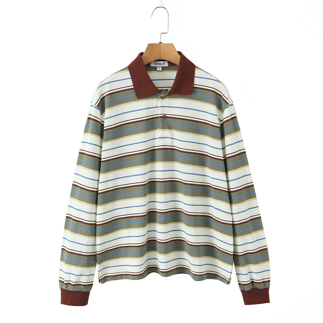 Men's Long-Sleeve Polo Shirt in Retro Stripe Pattern with Ribbed Cuffs and Button Placket Mune Fashion