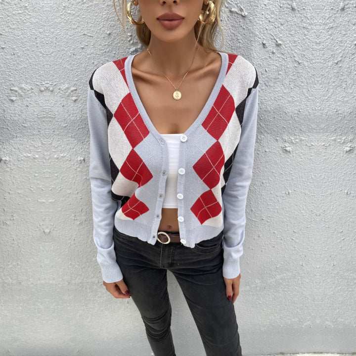 Women's Lightweight Short Cardigan with Diamond Pattern, V-Neck and Button Placket Mune Fashion