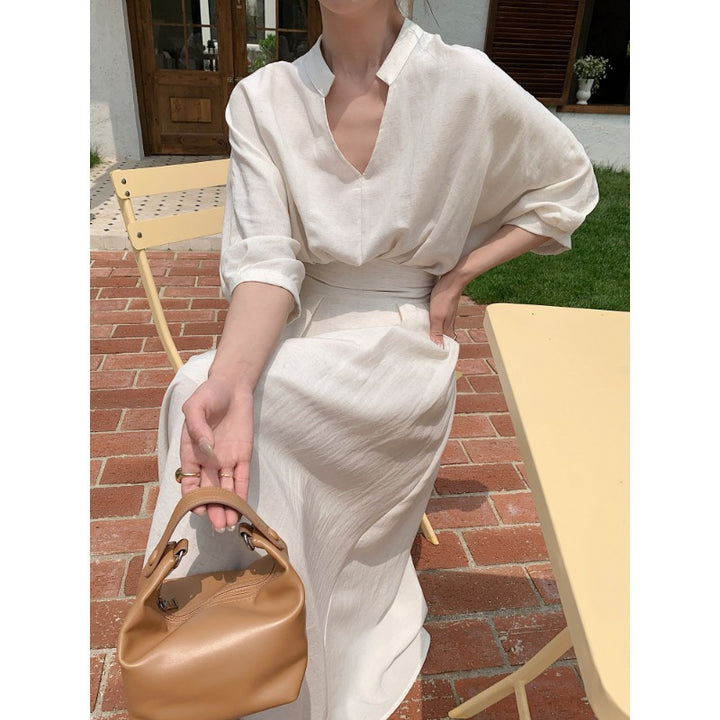 Women Linen Blend Midi Dress with V-Neck, fitted waist and wide sleeves Mune Fashion