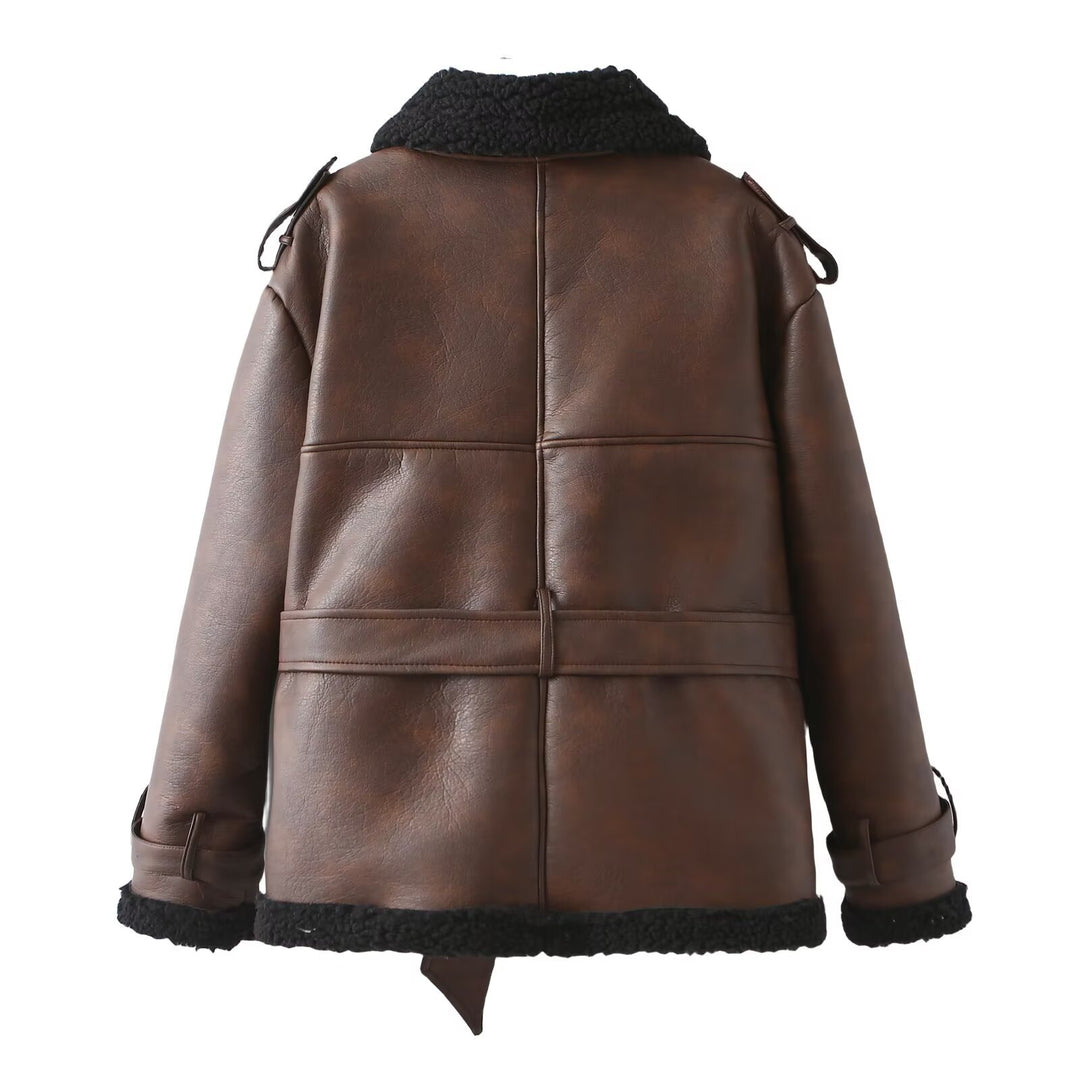 Women Tailored Aviator Coat made of Faux Leather with Teddy Lining and Tied Belt Mune Fashion