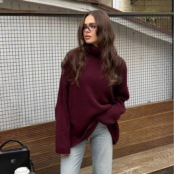 Women Oversized Ribbed Knit Turtleneck Sweater with Extended Cuff Mune Fashion