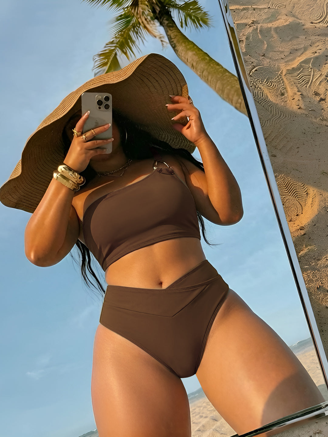 Ladies High-Waisted Bikini Set with Asymmetrical Top Mune Fashion
