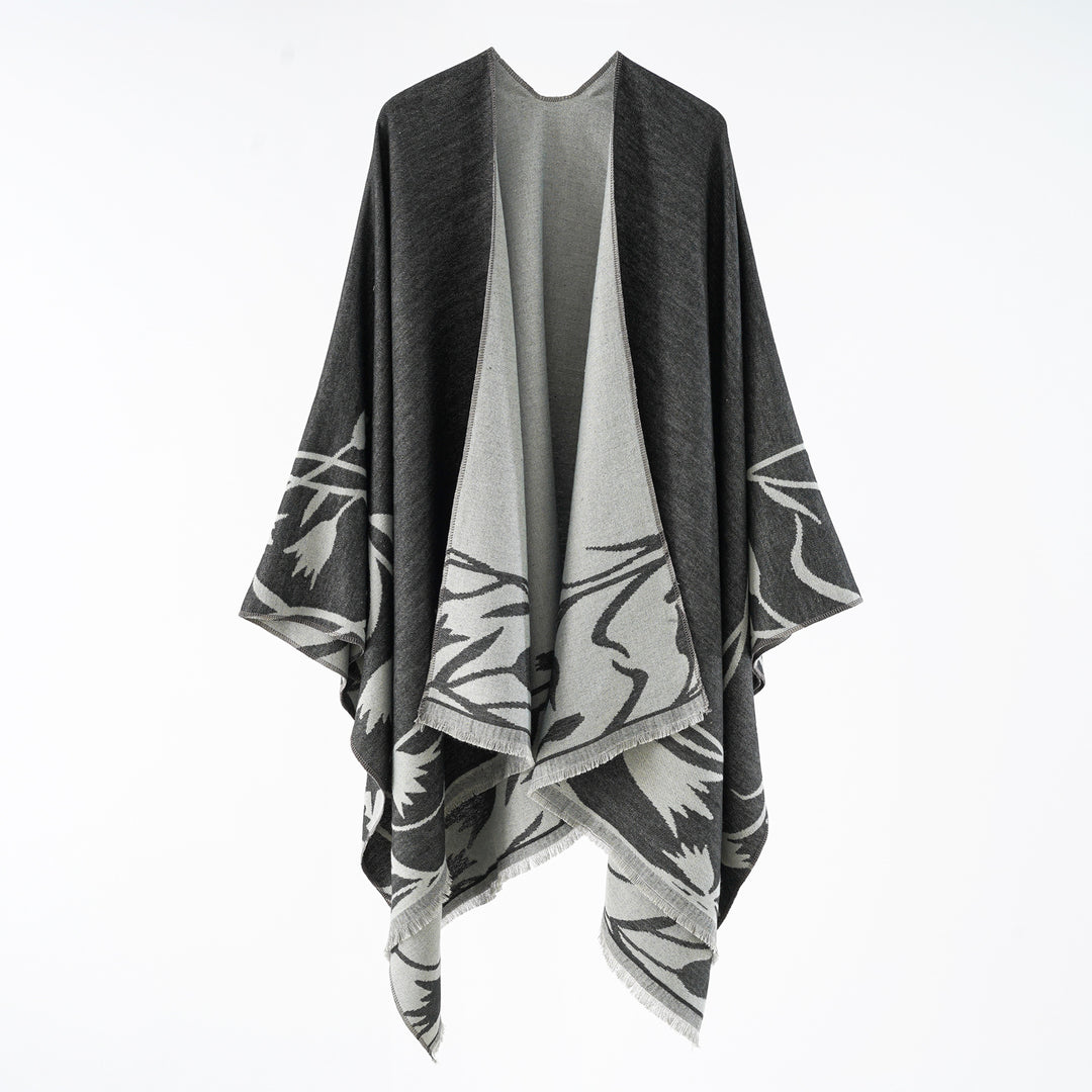 Ladies Elegant Reversible Ruana Wrap in Double-Faced Wool Blend with Floral Jacquard Design