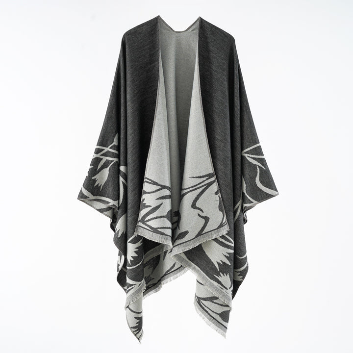 Ladies Elegant Reversible Ruana Wrap in Double-Faced Wool Blend with Floral Jacquard Design