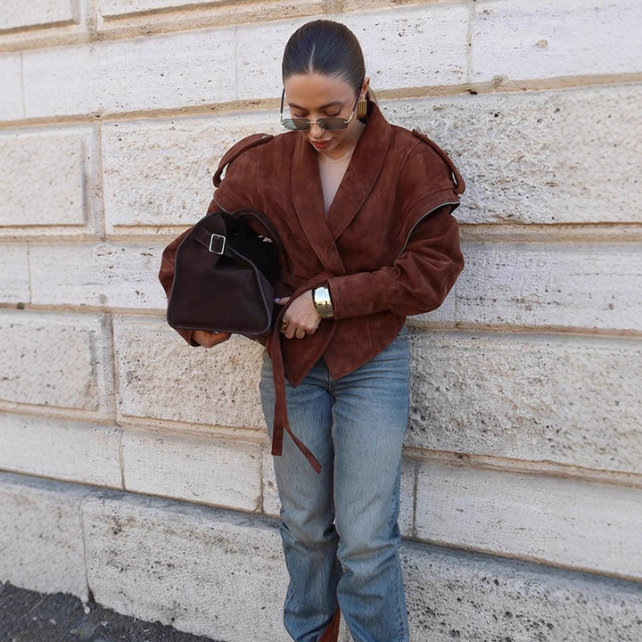 Women's Suede Wrap Jacket with Wide Shawl Collar and Waist Belt Mune Fashion
