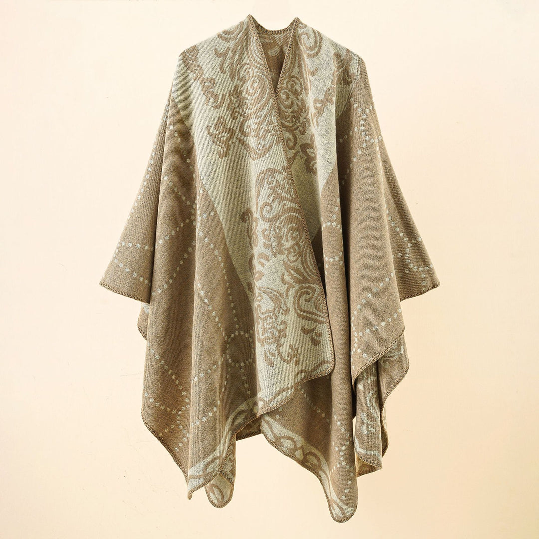Women's Jacquard Ruana in cape style with contrasting chain hem Mune Fashion