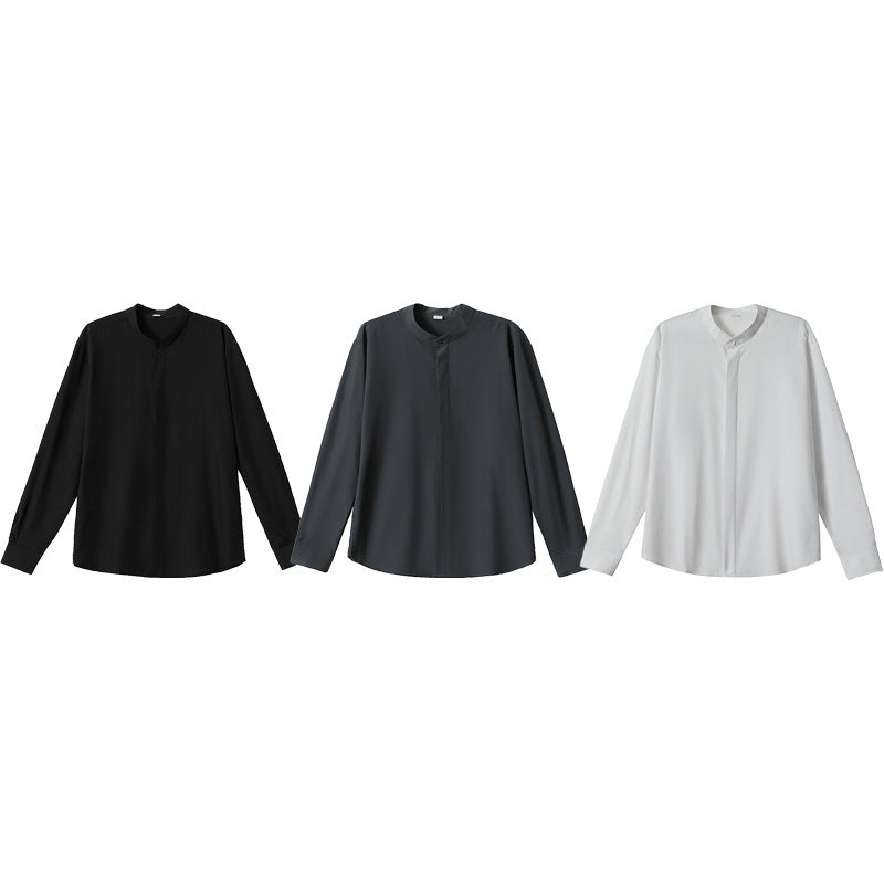 Men's Loose Stand Collar Shirt with Concealed Button Placket Mune Fashion