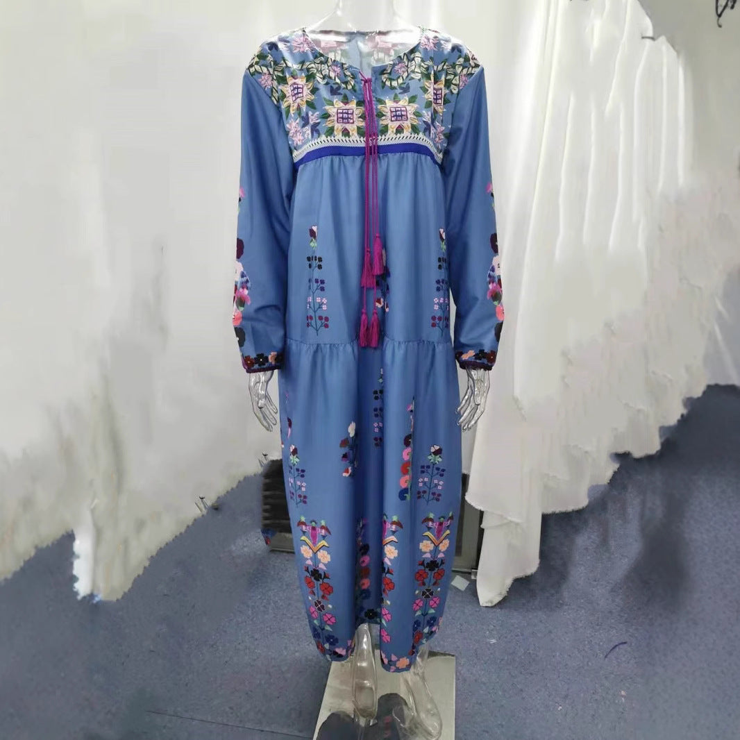 Ladies embroidered maxi dress with long sleeves, tassel closure and folkloric embroidery Mune Fashion