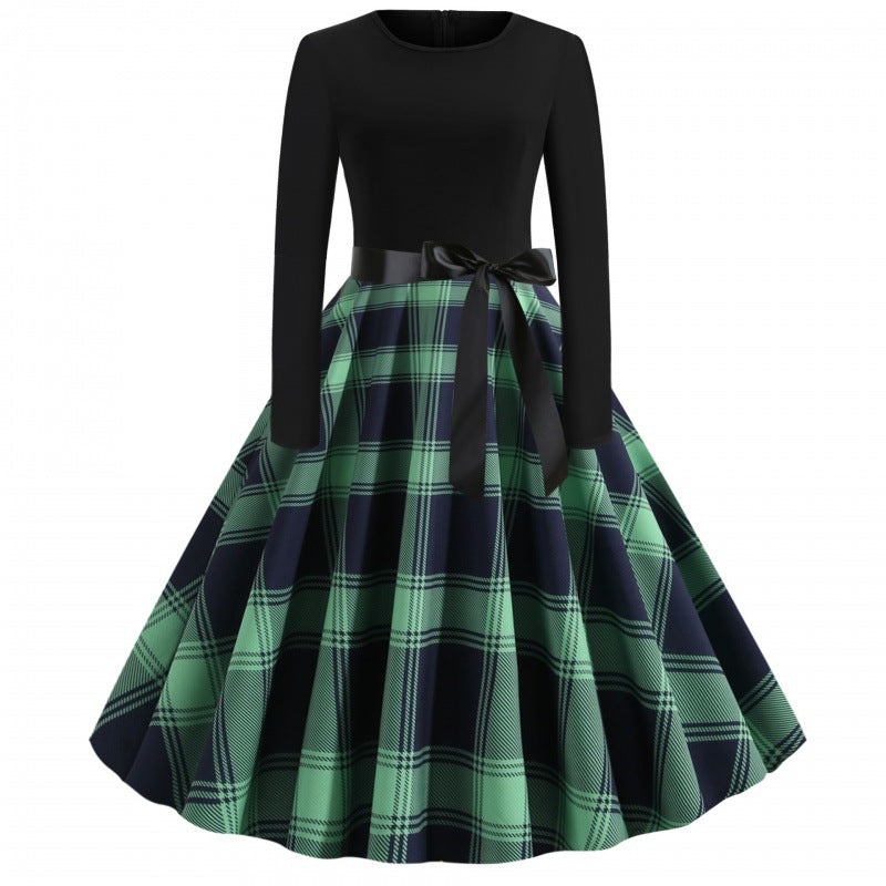 Ladies Vintage Pleated Dress with Checkered Pleated Skirt, fitted Long Sleeve Top and Satin Sash Mune Fashion