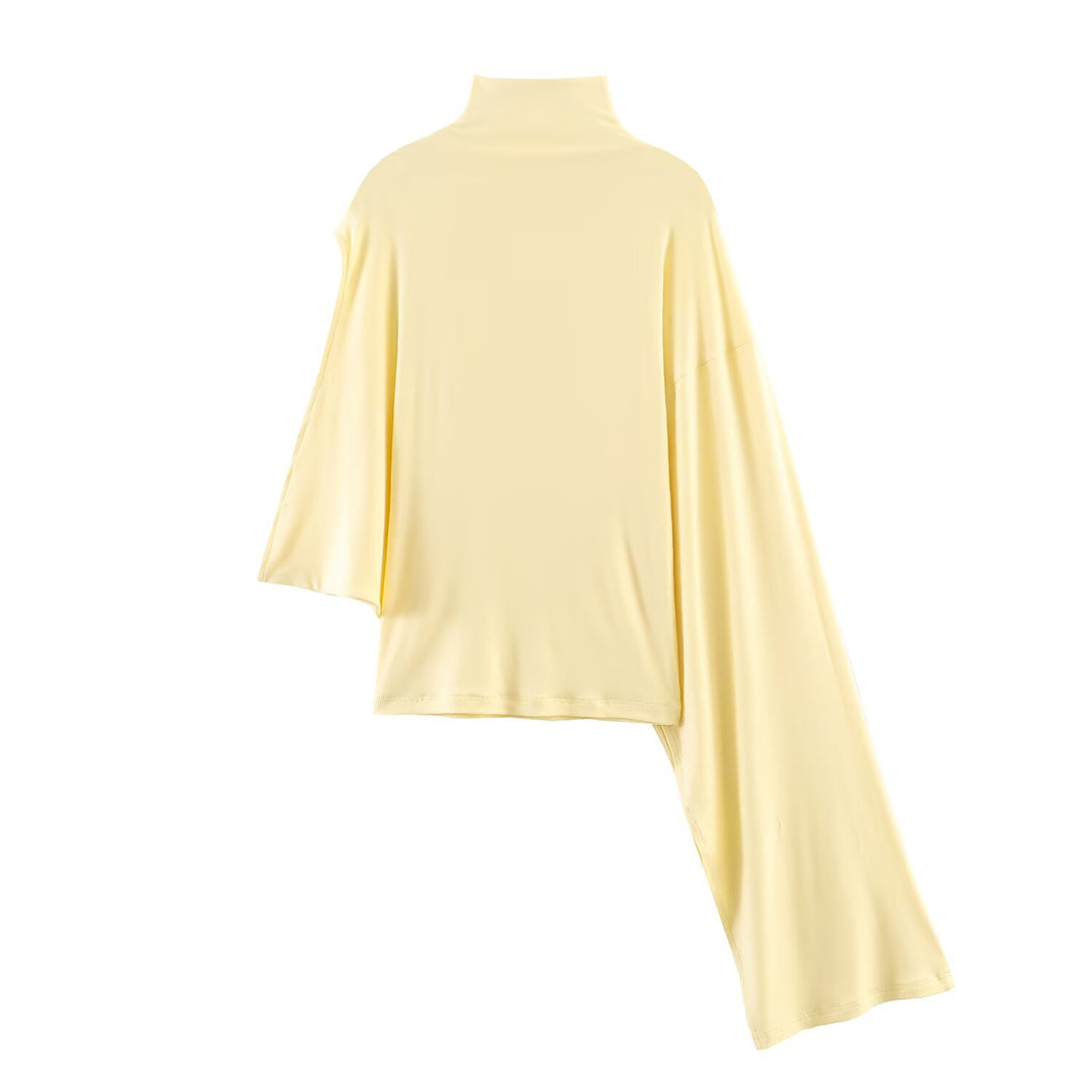 Ladies Asymmetrical Turtleneck Shirt with One-Arm Cape Detail Mune Fashion