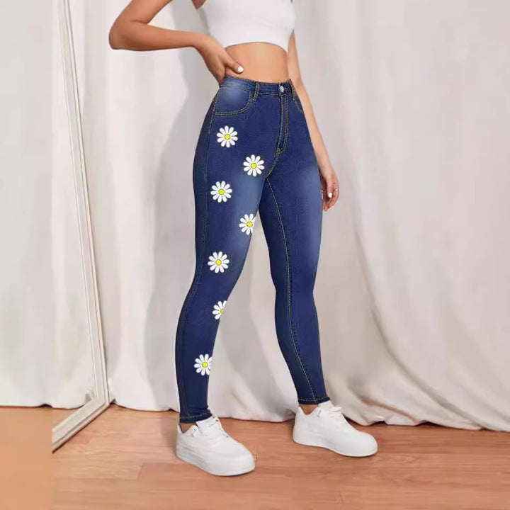Women's High-Waist Skinny Jeans with printed Daisies and figure-shaping Stretch Mune Fashion