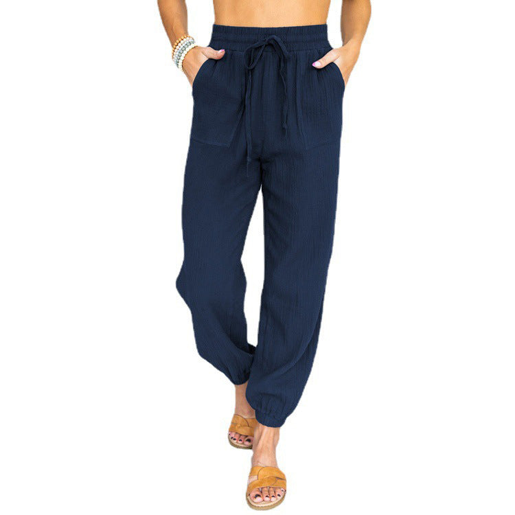 Women nan light linen look casual pants with high elastic waistband, drawstring, patched pockets and elastic ankle cuffs Mune Fashion