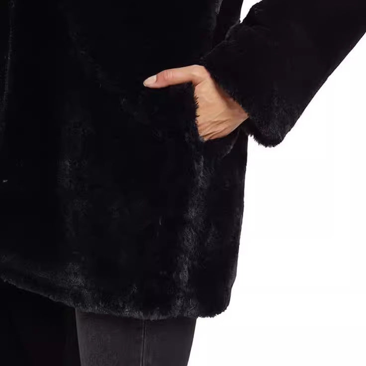 Women's Midi-Length Hooded Faux Fur Coat with Open Front and Lined Insert Pockets Mune Fashion
