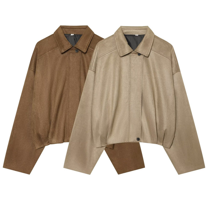 Women Cropped Oversized Cape Jacket with Shirt Collar and Hidden Button Placket Mune Fashion