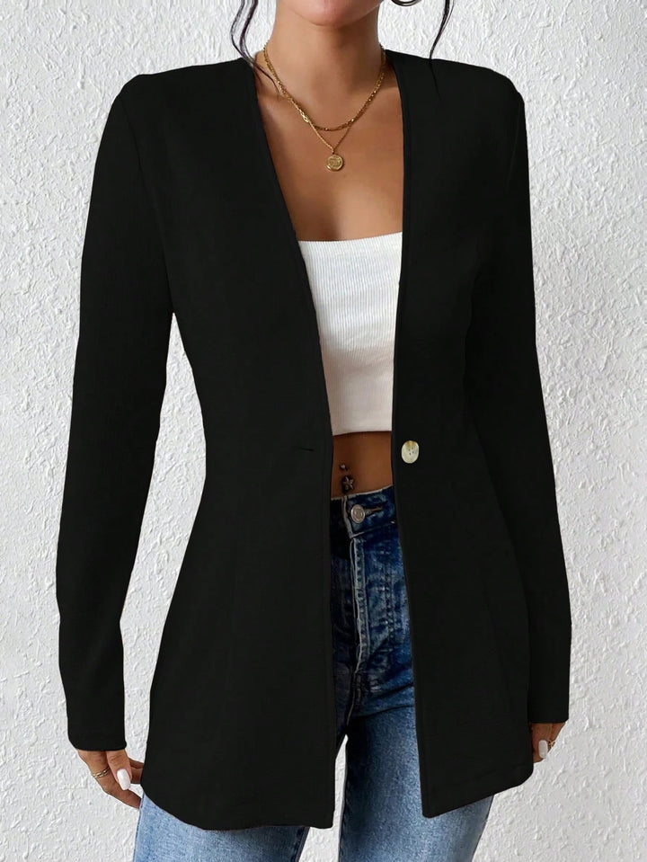 Women's Tailored Collarless Long Blazer with Single Button Closure Mune Fashion