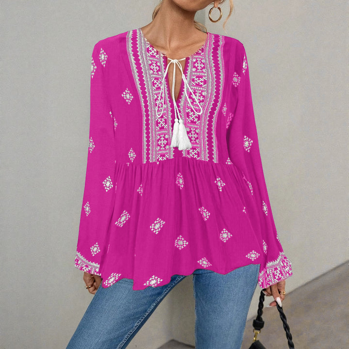 Women Embroidered Boho Tunic Blouse with Tassel Bands and Layered Hem Mune Fashion