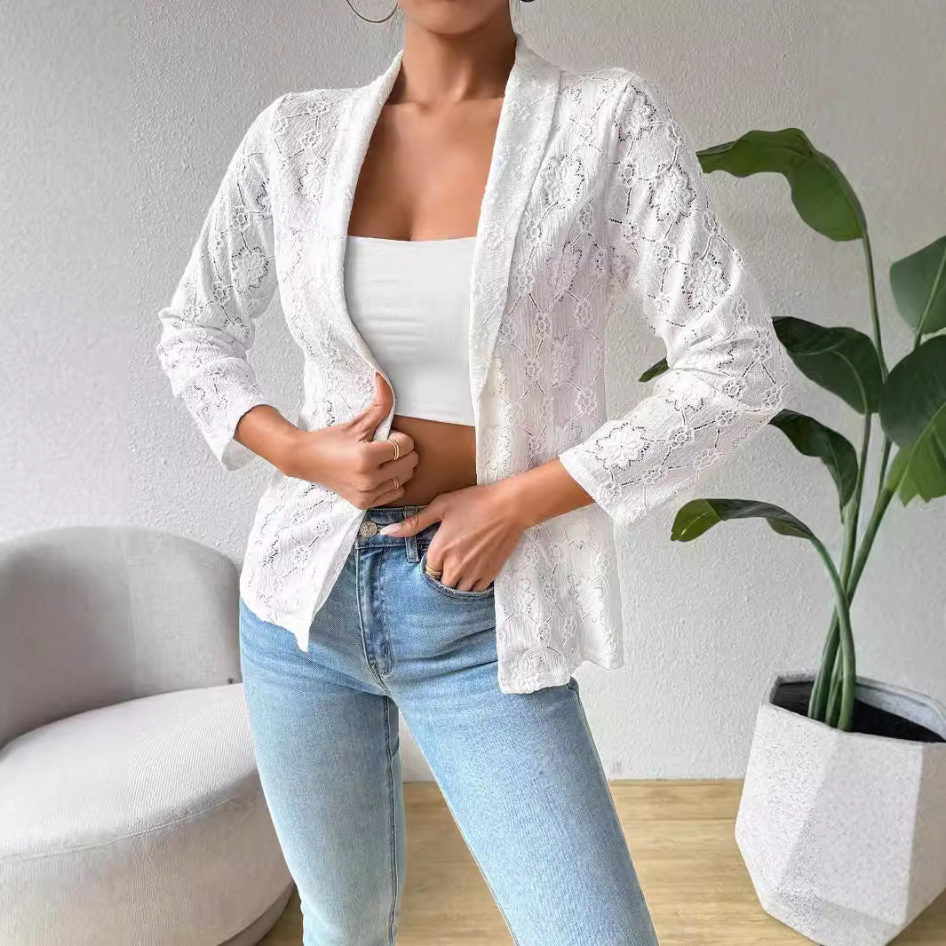 Women's transparent lace blazer with shawl collar and three-quarter length sleeves Mune Fashion