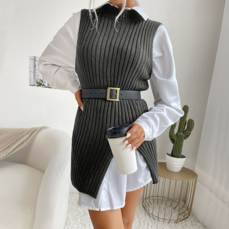 Women's Ribbed Knit Tunic with Stand-up Collar, Side Slits and Fitted Silhouette Mune Fashion