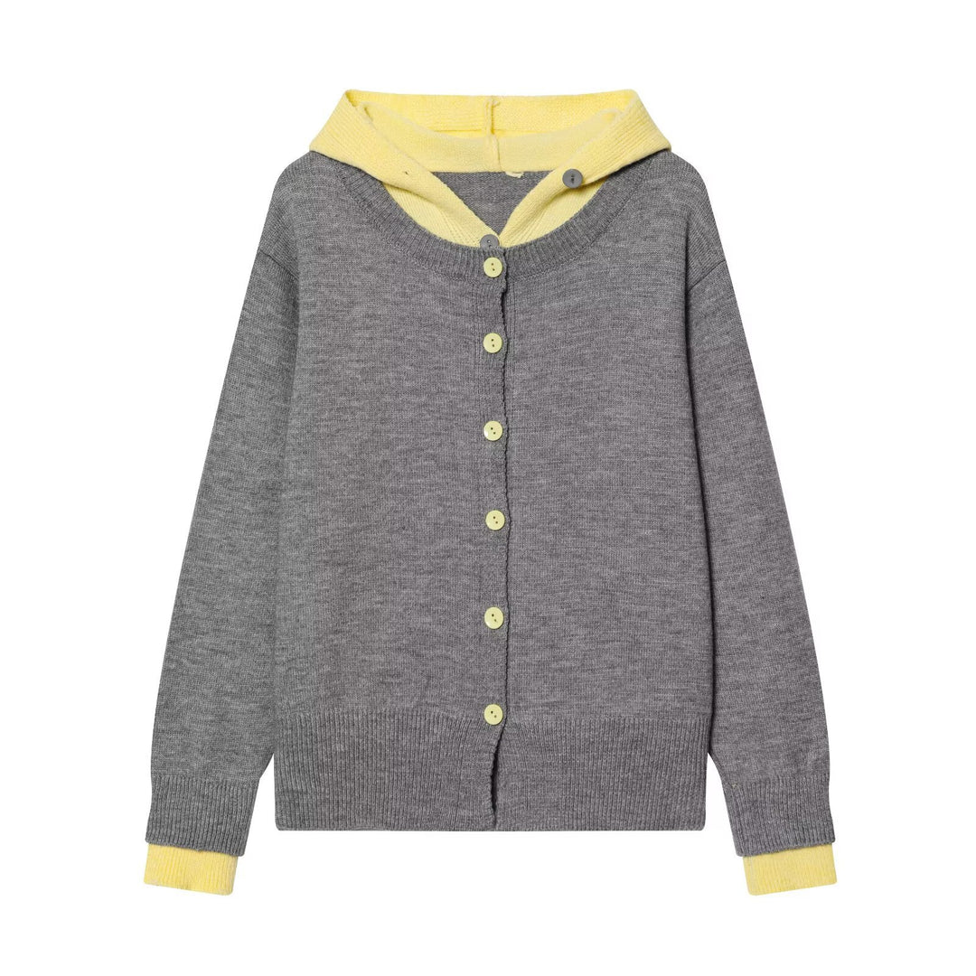 Women's fine knit cardigan with hood, contrast lining, and button placket Mune Fashion