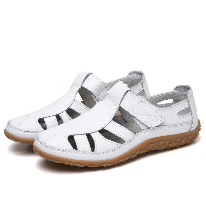 Ladies closed leather summer shoe with cutouts hook and loop fastener and cushioning nub sole Mune Fashion