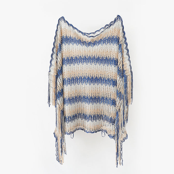 Women Light Macramé Net Poncho with Long Fringe Mune Fashion