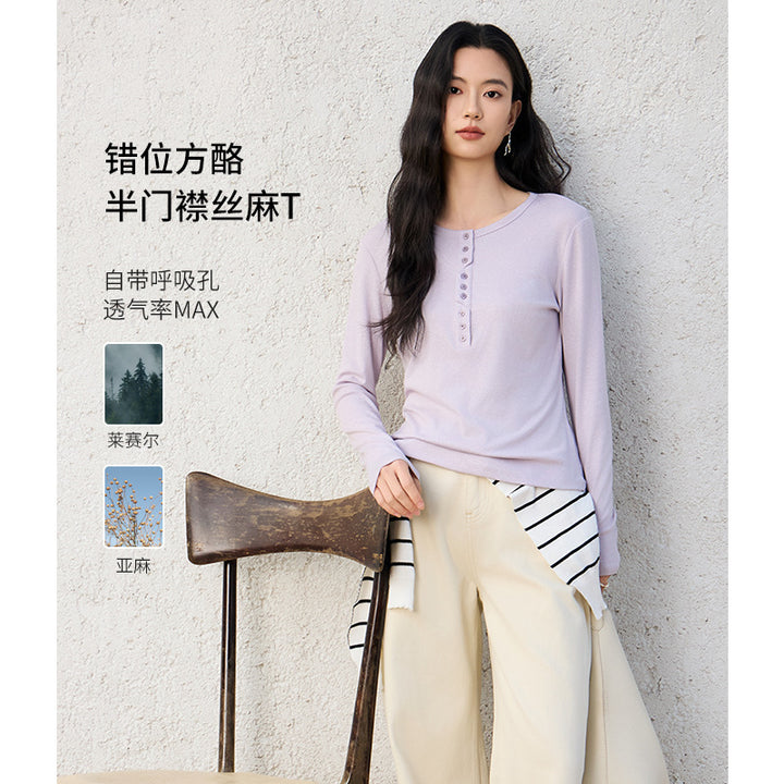 Women's Long Sleeve Henley Shirt made of fine jersey with decorative button placket Mune Fashion