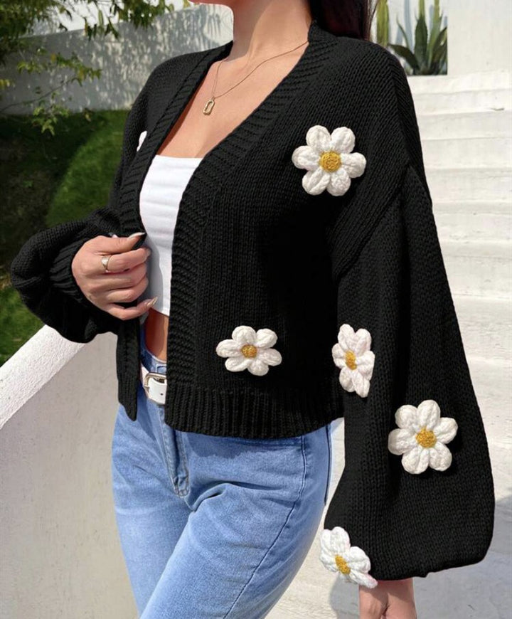 Women’s Cropped Cardigan made of cotton blend with 3D flower applications Mune Fashion