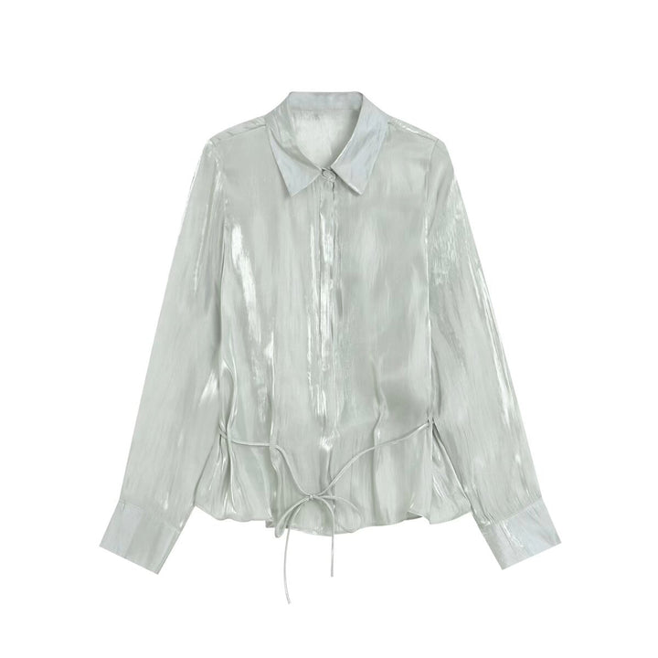 Women's Shiny Blouse with Drawstring Hem and Shirt Collar Mune Fashion