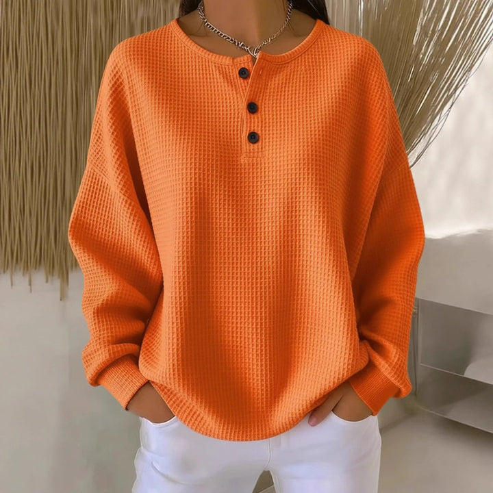 Women's Oversized Waffle Knit Henley Sweater with Button Placket and Rounded Hem Mune Fashion