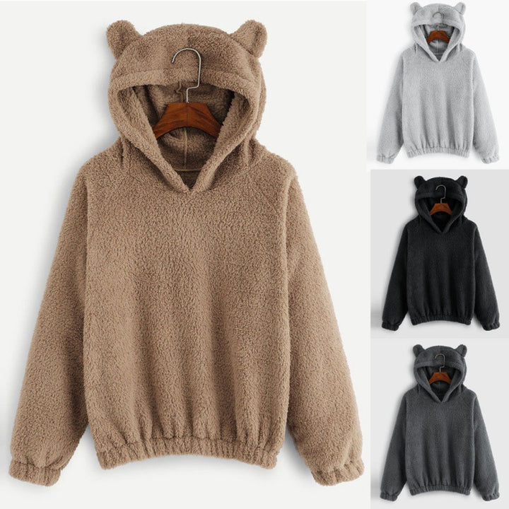 Women's Cozy Teddy Hooded Sweater with Bear Ears and Drawstring Hem Mune Fashion