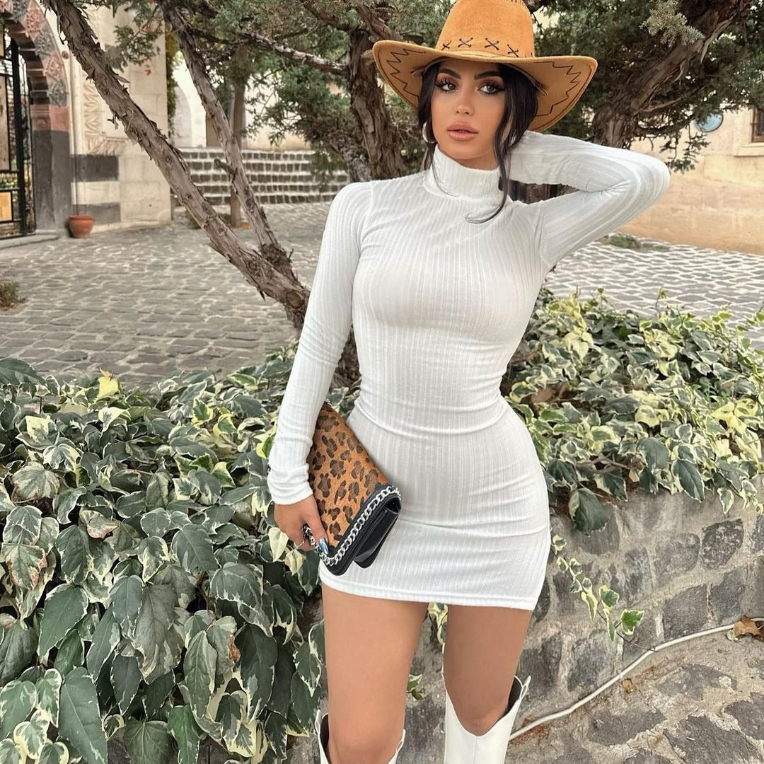 Women's Slim-Fitting Ribbed Knit Mini Dress with Turtleneck and Long Sleeves Mune Fashion