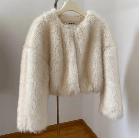 Women Cropped Faux Fur Bomber with Round Neck, Soft Draping High Pile and Boxy Silhouette Mune Fashion
