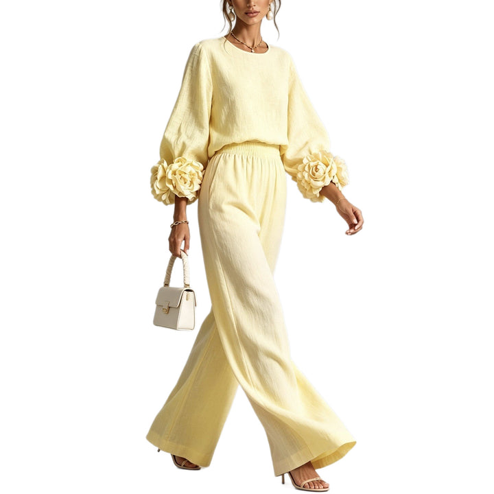 Women's Two-Piece Linen Blend Set with Wide Leg, Elastic Waistband and Floral Sleeves Mune Fashion