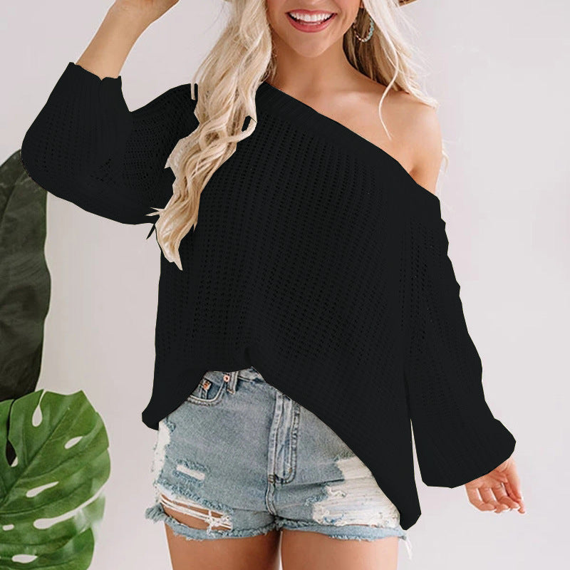 Women's Oversize Knit Sweater with Off-Shoulder Lace Pattern and Wide Hem Mune Fashion