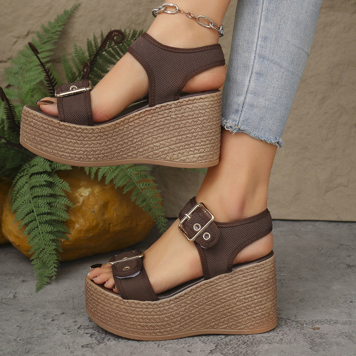 Ladies' espadrille platform sandals with textile straps, large metal buckles, and padded comfort footbed Mune Fashion