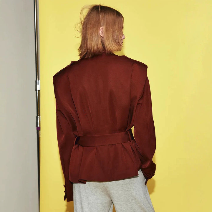 Women Tailored Wrap Blazer with Wide Belt and Decorative Epaulettes Mune Fashion