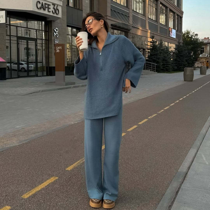 Women's knit tunic with half zipper and wide standing collar Mune Fashion
