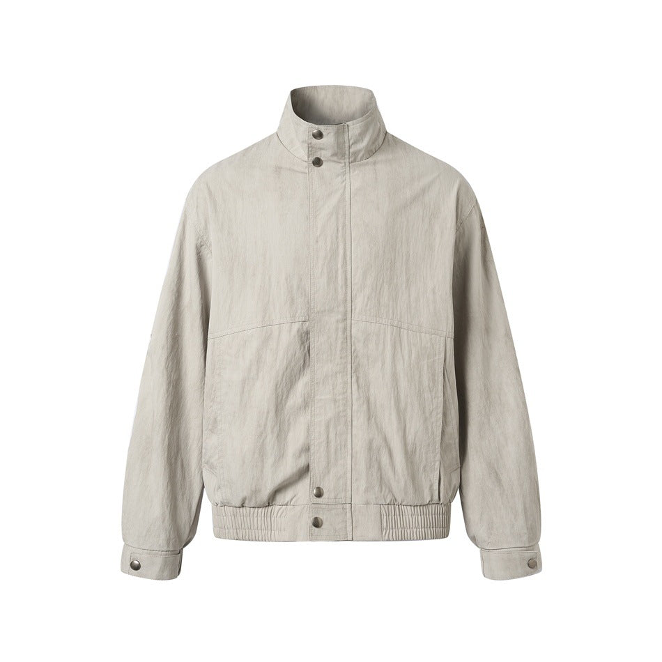 Unisex Short Jacket in minimalist Workwear look with high stand-up collar and snap button closure Mune Fashion