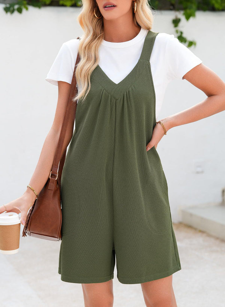 Women's Sleeveless Waffle Shorts Jumpsuit with V-Neck and Side Pockets Mune Fashion