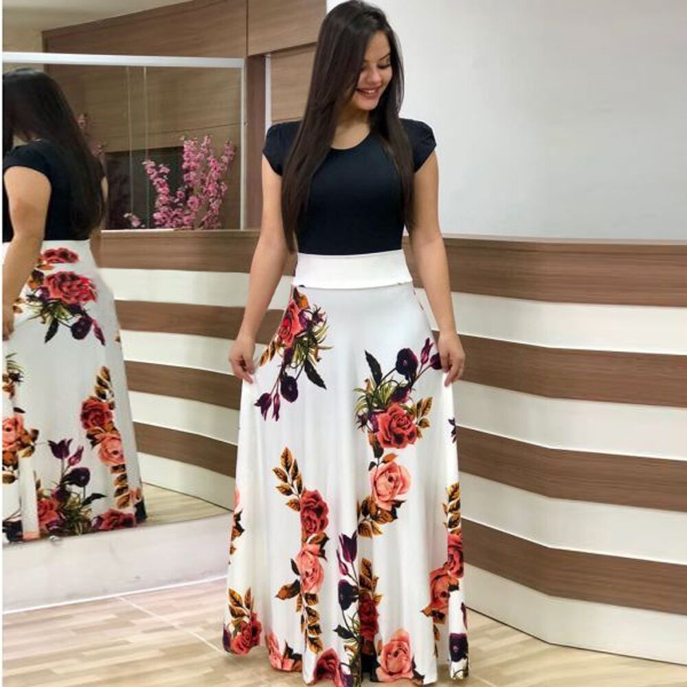 Women's Flowing Maxi Skirt with High Waist and Large Floral Print Mune Fashion