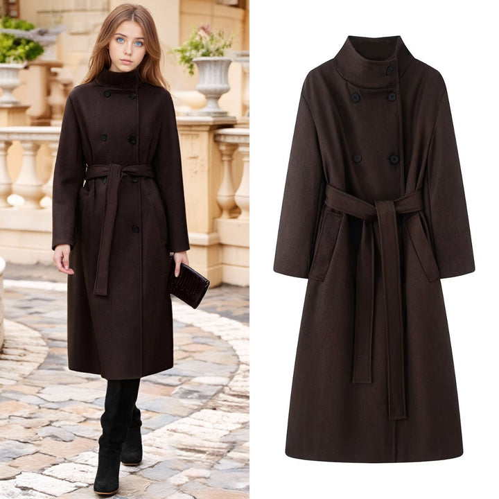 Women oversized wool blend coat with stand-up collar and tie belt Mune Fashion
