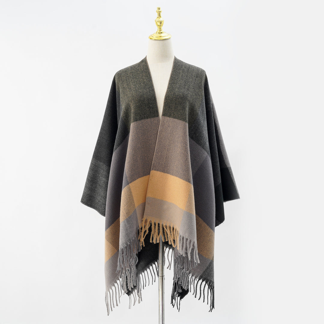 Women's Soft Oversize Cape made of Wool Blend with Large Block Pattern and Fringe Hem Mune Fashion