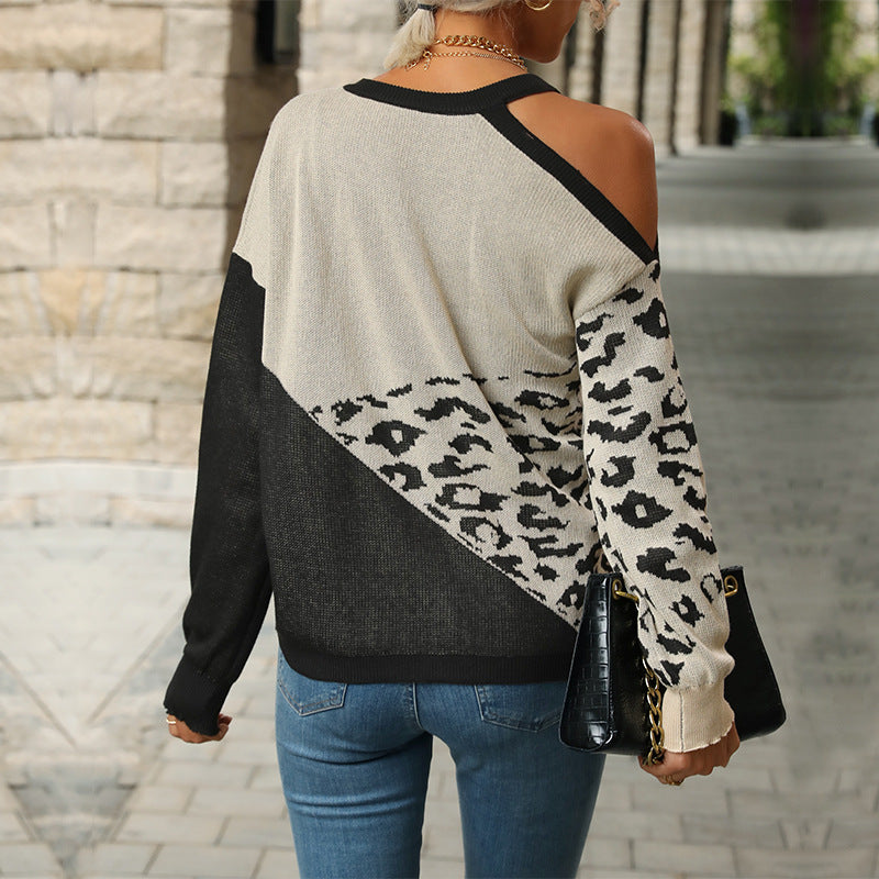 Women's Casual Knitted Sweater with Leopard Print Mune Fashion