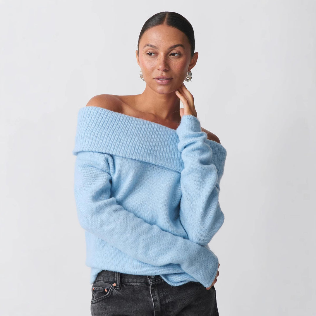 Women Off-Shoulder Chunky Knit Sweater with Wide Turn-Down Collar and Casual Oversized Fit Mune Fashion