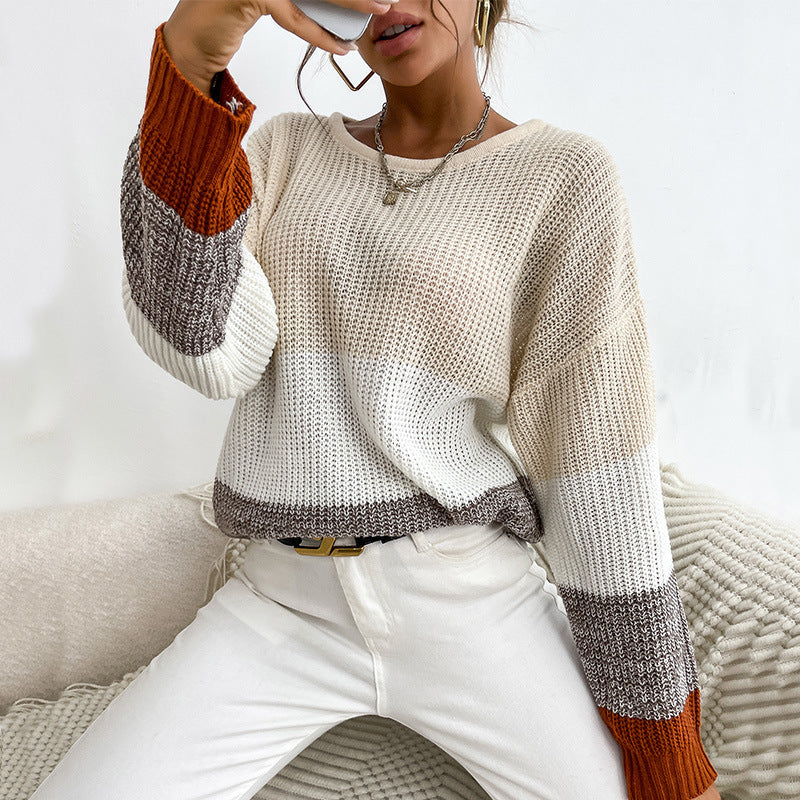 Women Chunky Knit Colorblock Pullover, Oversized with Round Neckline and Extended Cuffs Mune Fashion