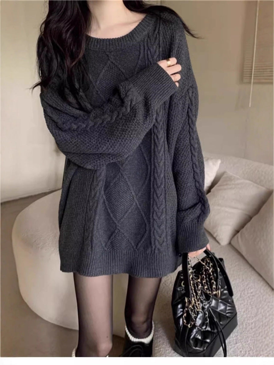 Women Oversize Cable Knit Long Sweater with Round Neck and Balloon Sleeves Mune Fashion