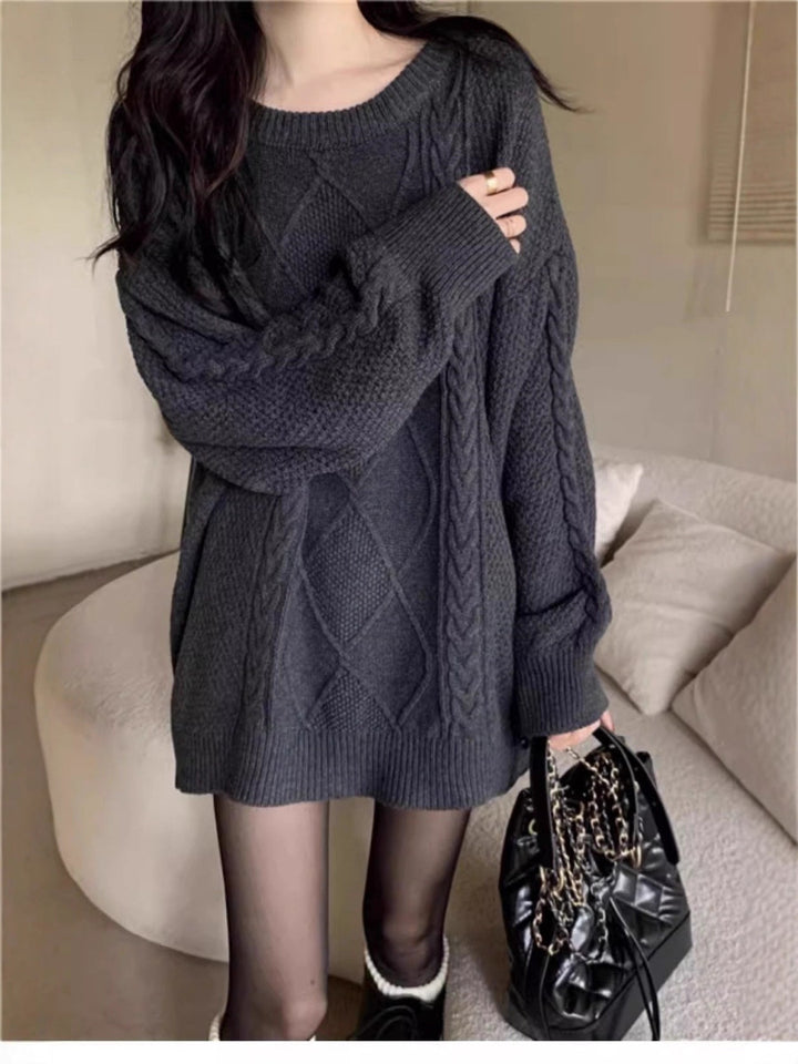 Women Oversize Cable Knit Long Sweater with Round Neck and Balloon Sleeves Mune Fashion