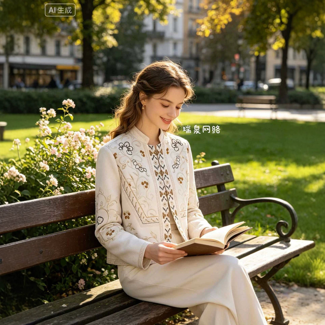 Women's Embroidered Boxy Jacket with Stand Collar and Floral Embroidery Mune Fashion