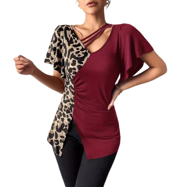 Women's asymmetrical stretch tunic with leopard print side insert and multiple straps Mune Fashion
