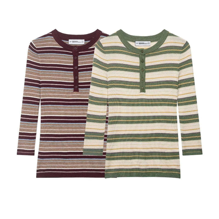 Women's ribbed long sleeve with Henley button placket and fine stripe pattern Mune Fashion